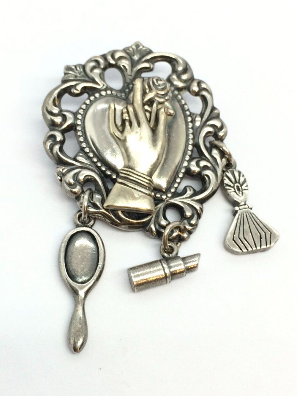 Vintage Hand Brooch Vanity Heart Lipstick Perfume Brush Victorian Revival